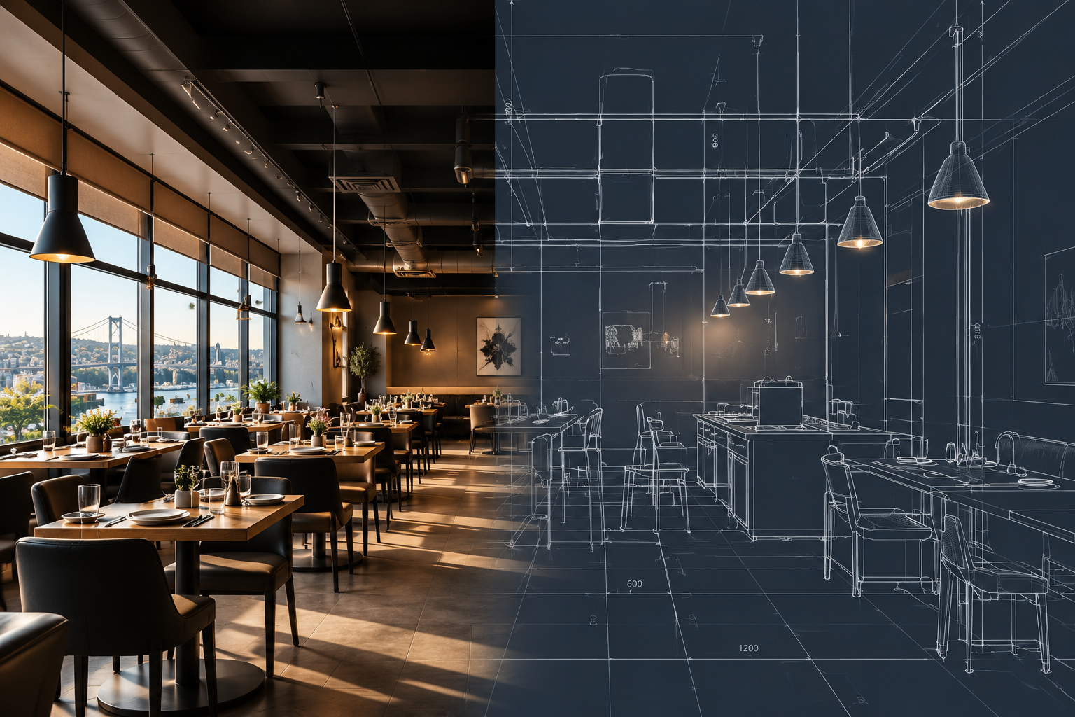 Teknik çizimlerle bütünleşen restoran mekanı